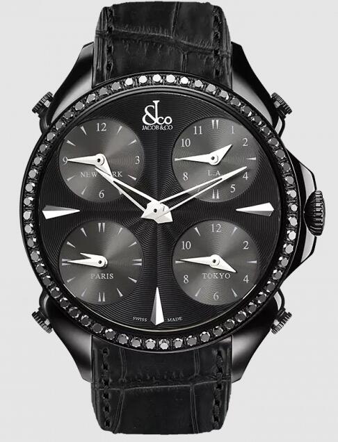 Jacob & Co. PALATIAL FIVE TIME ZONE BLACK PVD COATING, BLACK DIAMONDS Watch Replica PZ500.11.SO.LA.A Jacob and Co Watch Price